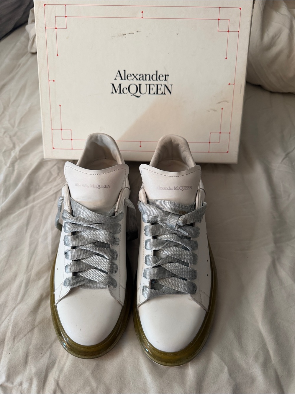 Alexander McQueen White Leather Sneakers with Olive-Tinted Sole